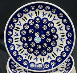 Polish Pottery Boleslawiec Wiza 4 DINNER PLATES Roosters, New