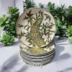 Pottery Barn Peacock Plates Art Nouveau Style Green Blue Gold Trim 9.5 Set 10