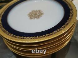 Pouyat JPL Limoges France LUNCHEON 6 Plates Cobalt Blue Encrusted Gold Used 8.5