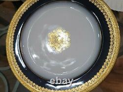 Pouyat JPL Limoges France LUNCHEON 6 Plates Cobalt Blue Encrusted Gold Used 8.5