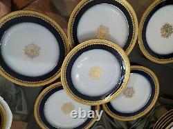 Pouyat JPL Limoges France LUNCHEON 6 Plates Cobalt Blue Encrusted Gold Used 8.5