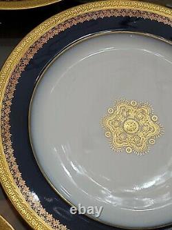 Pouyat JPL Limoges France LUNCHEON 6 Plates Cobalt Blue Encrusted Gold Used 8.5