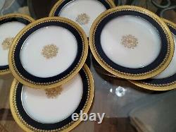 Pouyat JPL Limoges France LUNCHEON 6 Plates Cobalt Blue Encrusted Gold Used 8.5