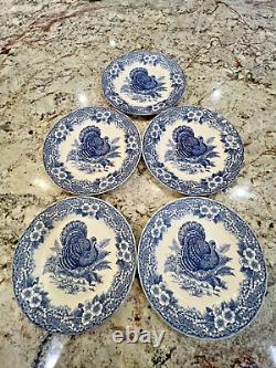 Queen's Myott Factory Blue Thanksgiving Turkey 10 Dinner Plates. 5