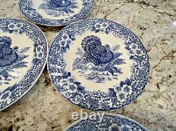 Queen's Myott Factory Blue Thanksgiving Turkey 10 Dinner Plates. 5