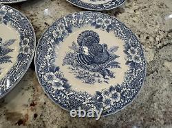 Queen's Myott Factory Blue Thanksgiving Turkey 10 Dinner Plates. 5