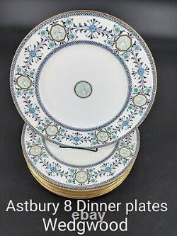 RARE? Wedgwood Astbury 8 Dinner Plates Blue White BEAUTIFUL! Gold trim Vintage
