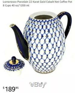 REAL Lomonosov Imperial Russian Porcelain Cobalt Net Teapot Coffeepot Blue Gold