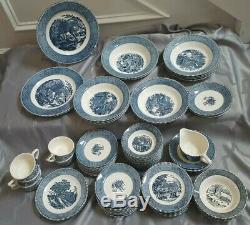 ROYAL CHINA CURRIER AND IVES BLUE lot OF 80 DISH PIECES EXC 8 DINNER PLATES+