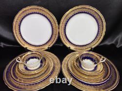 Rare AINSLEY cobalt Blue Gold Encrusted Scallop Rim Simcoe Pattern set of 12
