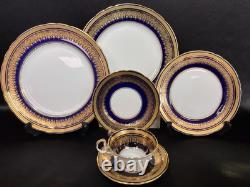 Rare AINSLEY cobalt Blue Gold Encrusted Scallop Rim Simcoe Pattern set of 12