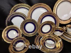 Rare AINSLEY cobalt Blue Gold Encrusted Scallop Rim Simcoe Pattern set of 12