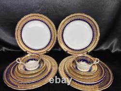 Rare AINSLEY cobalt Blue Gold Encrusted Scallop Rim Simcoe Pattern set of 12