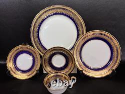 Rare AINSLEY cobalt Blue Gold Encrusted Scallop Rim Simcoe Pattern set of 12