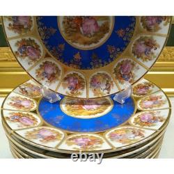 Rare Bareuther Waldsassen Bavaria Germany Dinnerplates Plates Blue Gold 8 PC Set