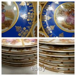 Rare Bareuther Waldsassen Bavaria Germany Dinnerplates Plates Blue Gold 8 PC Set