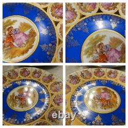 Rare Bareuther Waldsassen Bavaria Germany Dinnerplates Plates Blue Gold 8 PC Set
