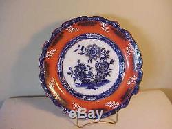 Rare Set Three Antique Orange & Cobalt Flow Blue Dinner Plates Canton Marking