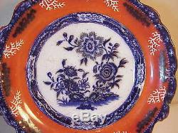 Rare Set Three Antique Orange & Cobalt Flow Blue Dinner Plates Canton Marking