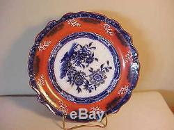 Rare Set Three Antique Orange & Cobalt Flow Blue Dinner Plates Canton Marking