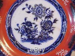 Rare Set Three Antique Orange & Cobalt Flow Blue Dinner Plates Canton Marking