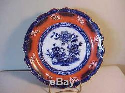 Rare Set Three Antique Orange & Cobalt Flow Blue Dinner Plates Canton Marking