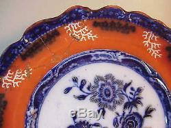 Rare Set Three Antique Orange & Cobalt Flow Blue Dinner Plates Canton Marking