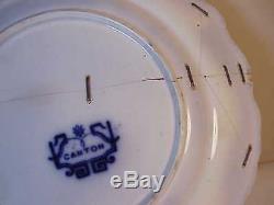 Rare Set Three Antique Orange & Cobalt Flow Blue Dinner Plates Canton Marking