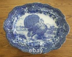 Rare & Stunnning 1900's Ridgways Turkey Flow Blue Platter & Plates