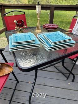 Roscher Stoneware Blue Crackle Pineapple Dinner Plates And Salad Plates Set Of13