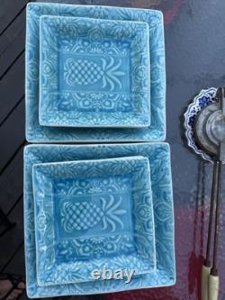 Roscher Stoneware Blue Crackle Pineapple Dinner Plates And Salad Plates Set Of13