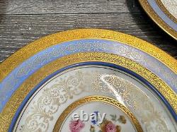 Rosedale 10.5Dinner Plate Gold Encrusted Border Floral Center Blue Bands 3 Pc