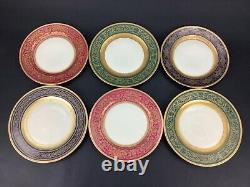 Rosenthal Ivory Gold Encrusted Jewel Tones Set of 6 Red Blue Green Dinner Plates