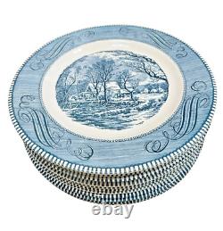 Royal China Currier & Ives Blue Old Grist MILL In Winter Dinner Plates Set Of 12