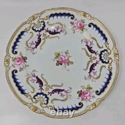Royal Crown Derby Dinner Plate C. 1914 Pink Roses, Blue & Purple Scrollwork