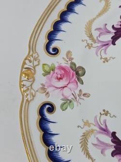 Royal Crown Derby Dinner Plate C. 1914 Pink Roses, Blue & Purple Scrollwork