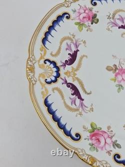 Royal Crown Derby Dinner Plate C. 1914 Pink Roses, Blue & Purple Scrollwork