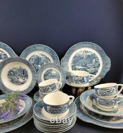 Royal -Currier & Ives Early Winter 42 Pcs Dinnerware Blue/White, Scrolls