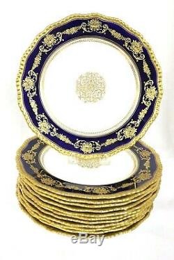 Royal Doulton Burslem Cabinet Plates, 12, Raised Gilding, Beaded Cobalt Blue