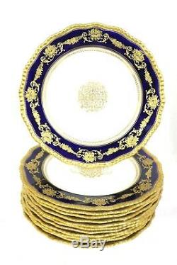 Royal Doulton Burslem Cabinet Plates, 12, Raised Gilding, Beaded Cobalt Blue