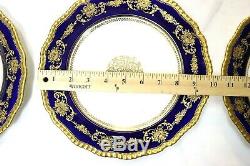 Royal Doulton Burslem Cabinet Plates, 12, Raised Gilding, Beaded Cobalt Blue