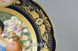 Royal Vienna Style Hand Painted Chrysanthemum Lady Cherubs Cobalt Portrait Plate