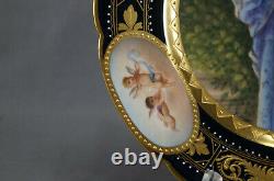 Royal Vienna Style Hand Painted Chrysanthemum Lady Cherubs Cobalt Portrait Plate
