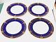 Royal Worcester 4 Dinner Plates C2483 Cobalt Blue Raised Flowers Gold Scrolls