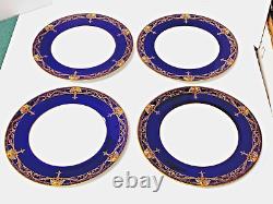 Royal Worcester 4 Dinner Plates C2483 Cobalt Blue Raised Flowers Gold Scrolls