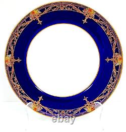 Royal Worcester 4 Dinner Plates C2483 Cobalt Blue Raised Flowers Gold Scrolls
