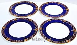 Royal Worcester 4 Dinner Plates C2483 Cobalt Blue Raised Flowers Gold Scrolls