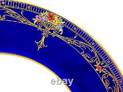 Royal Worcester 4 Dinner Plates C2483 Cobalt Blue Raised Flowers Gold Scrolls