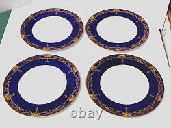 Royal Worcester Dinner Plates C2483 Cobalt Blue Raised Flowers Gold Scrolls (4)