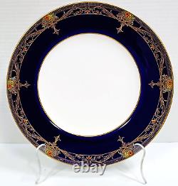 Royal Worcester Dinner Plates C2483 Cobalt Blue Raised Flowers Gold Scrolls (4)